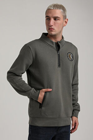 Dik Yaka Haki Slim Fit Full-Zip Sweatshirt 24FWM64083