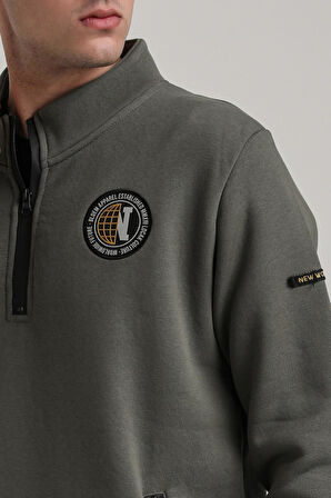 Dik Yaka Haki Slim Fit Full-Zip Sweatshirt 24FWM64083