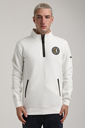 Dik Yaka Ekru Slim Fit Full-Zip Sweatshirt 24FWM64083