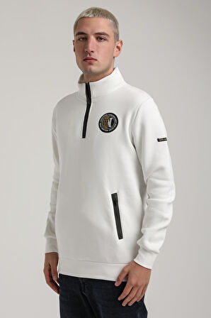 Dik Yaka Ekru Slim Fit Full-Zip Sweatshirt 24FWM64083