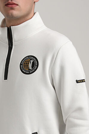 Dik Yaka Ekru Slim Fit Full-Zip Sweatshirt 24FWM64083