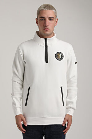 Dik Yaka Ekru Slim Fit Full-Zip Sweatshirt 24FWM64083