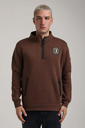 Dik Yaka Kahverengi Slim Fit Full-Zip Sweatshirt 24FWM64083