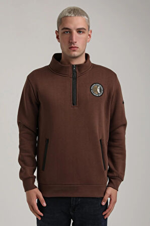 Dik Yaka Kahverengi Slim Fit Full-Zip Sweatshirt 24FWM64083