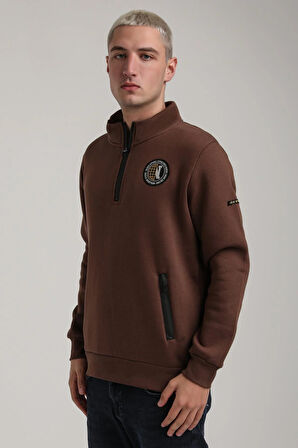 Dik Yaka Kahverengi Slim Fit Full-Zip Sweatshirt 24FWM64083
