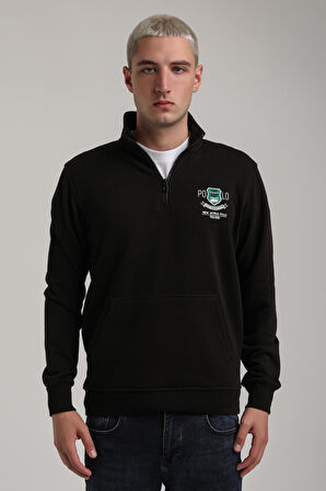 Dik Yaka Siyah Slim Fit Sweatshirt 24FWM60198