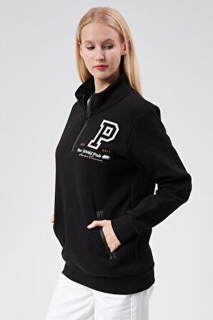Dik Yaka Kadın  Siyah Slim Fit Sweatshirt 24FWW64075