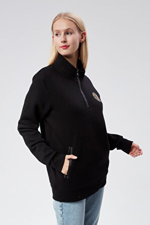 Dik Yaka Kadın Siyah Slim Fit Sweatshirt 24FWW64083