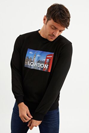 5011 Erkek Bisiklet Yaka Baskılı Sweatshirt