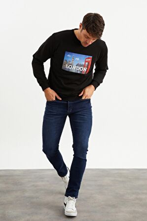 5011 Erkek Bisiklet Yaka Baskılı Sweatshirt