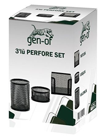 Gen-Of Perfore 3 Lü Metal Masa Üstü Seti Siyah(Kalemlik + Küpnotluk + Ataşlık)