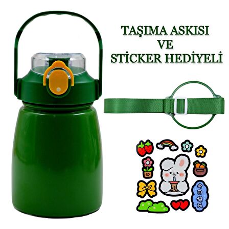 BottleBoss Pipetli Taşıma Askılı Sızdırmaz Paslanmaz Çelik Matara 850 Ml Sticker HEDİYELİ Yeşil