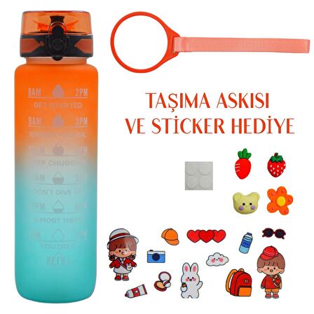 BottleBoss Renk Geçişli Sızdırmaz Kapak Motivasyon Matarası 1 Litre Sticker HEDİYELİ Turuncu