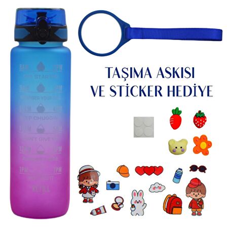 BottleBoss Renk Geçişli Sızdırmaz Kapak Motivasyon Matarası 1 Litre Sticker HEDİYELİ Mavi