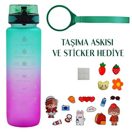 BottleBoss Renk Geçişli Sızdırmaz Kapak Motivasyon Matarası 1 Litre Sticker HEDİYELİ Yeşil