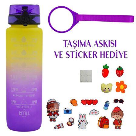 BottleBoss Renk Geçişli Sızdırmaz Kapak Motivasyon Matarası 1 Litre Sticker HEDİYELİ Mor