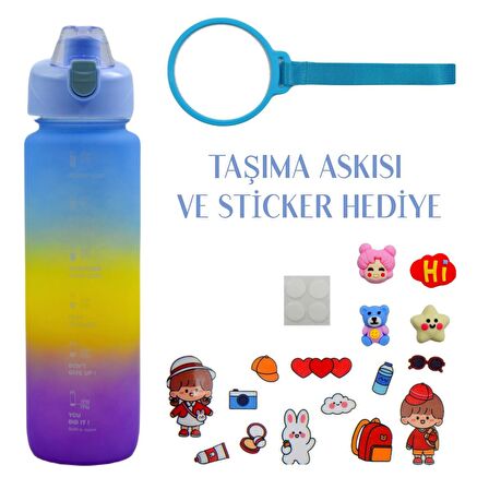 BottleBoss Pastel Renk Geçişli Sızdırmaz Kapak Motivasyon Matarası 1100 Ml Sticker HEDİYELİ Mavi