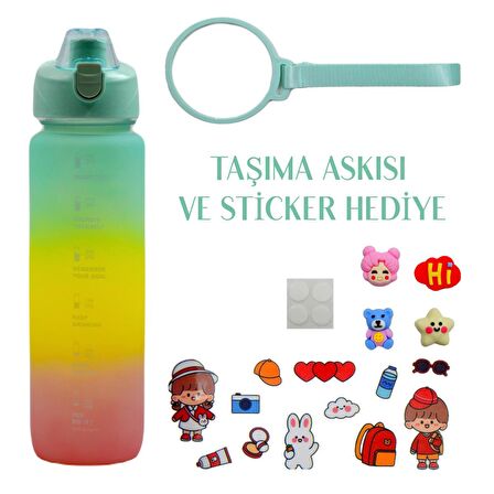 BottleBoss Pastel Renk Geçişli Sızdırmaz Kapak Motivasyon Matarası 1100 Ml Sticker HEDİYELİ Yeşil