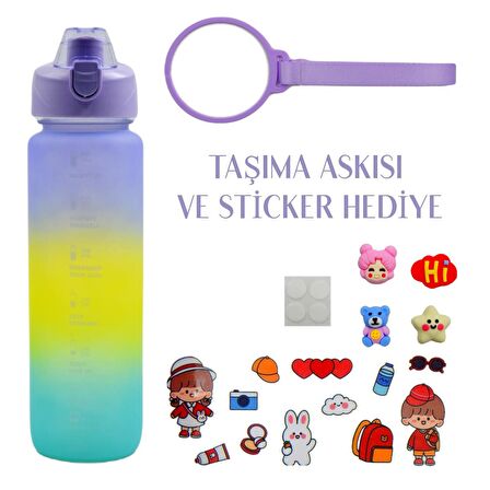 BottleBoss Pastel Renk Geçişli Sızdırmaz Kapak Motivasyon Matarası 1100 Ml Sticker HEDİYELİ Mor