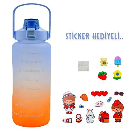 BottleBoss Pastel Renk Geçişli Sızdırmaz Kapak Motivasyon Matarası 2 Litre Sticker HEDİYELİ Mavi