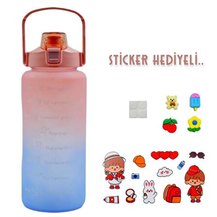 BottleBoss Pastel Renk Geçişli Sızdırmaz Kapak Motivasyon Matarası 2 Litre Sticker HEDİYELİ Pembe