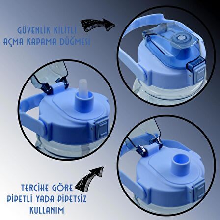 BottleBoss Pipetli Taşıma Askılı Gülümseyen Ayıcık Matara 1,5 Litre Sticker HEDİYELİ Mavi