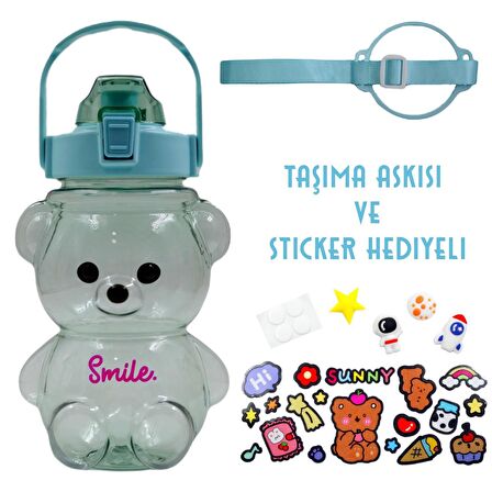 BottleBoss Pipetli Taşıma Askılı Gülümseyen Ayıcık Matara 1,5 Litre Sticker HEDİYELİ Yeşil