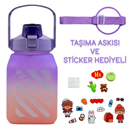 BottleBoss Kare Spor Model Taşıma Askılı Pipetli Motivasyon Matarası 1,5 Litre Sticker HEDİYELİ Mor