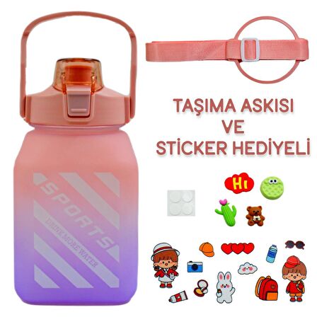 BottleBoss Kare Spor Model Taşıma Askılı Pipetli Motivasyon Matarası 1,5 Litre Sticker HEDİYELİ Pembe