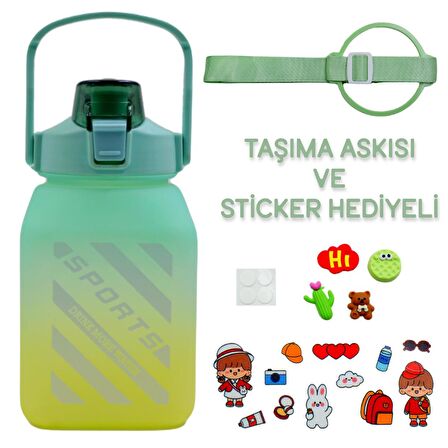 BottleBoss Kare Spor Model Taşıma Askılı Pipetli Motivasyon Matarası 1,5 Litre Sticker HEDİYELİ Yeşil