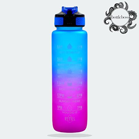 BottleBoss Renk Geçişli Sızdırmaz Kapak Motivasyon Matarası 1 Litre Sticker HEDİYELİ Mavi (BB-89959)