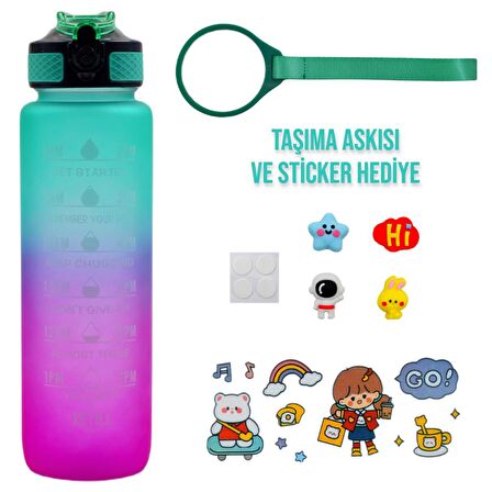 BottleBoss Renk Geçişli Sızdırmaz Kapak Motivasyon Matarası 1 Litre Sticker HEDİYELİ Yeşil (BB-89959)