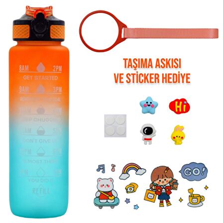 BottleBoss Renk Geçişli Sızdırmaz Kapak Motivasyon Matarası 1 Litre Sticker HEDİYELİ Turuncu (BB-89959)