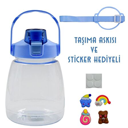 BottleBoss Taşıma Askılı Pipetli Şeffaf Matara 1200 Ml Sticker HEDİYELİ Mavi