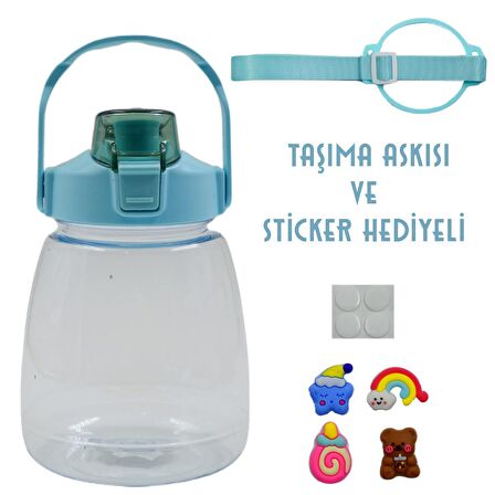 BottleBoss Taşıma Askılı Pipetli Şeffaf Matara 1200 Ml Sticker HEDİYELİ Yeşil