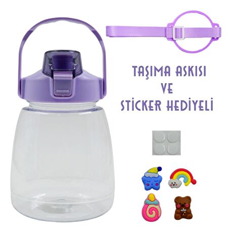 BottleBoss Taşıma Askılı Pipetli Şeffaf Matara 1200 Ml Sticker HEDİYELİ Mor