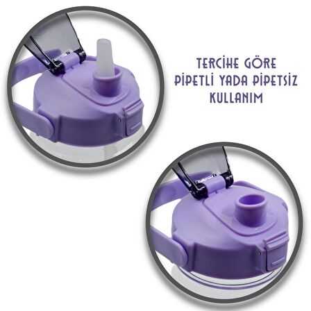 BottleBoss Taşıma Askılı Pipetli Şeffaf Matara 1200 Ml Sticker HEDİYELİ Mor