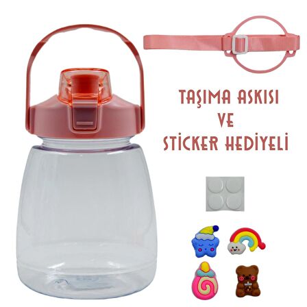 BottleBoss Taşıma Askılı Pipetli Şeffaf Matara 1200 Ml Sticker HEDİYELİ Pembe