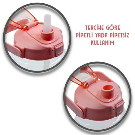 BottleBoss Taşıma Askılı Pipetli Şeffaf Matara 1200 Ml Sticker HEDİYELİ Pembe