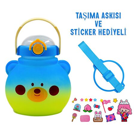 BottleBoss Pipetli Taşıma Askılı Sevimli Matara 1300 Ml Sticker HEDİYELİ Mavi