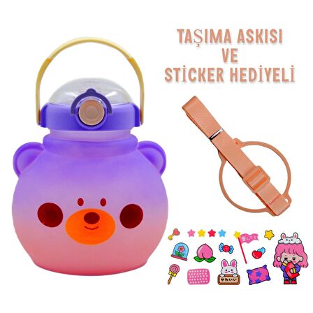 BottleBoss Pipetli Taşıma Askılı Sevimli Matara 1300 Ml Sticker HEDİYELİ Mor