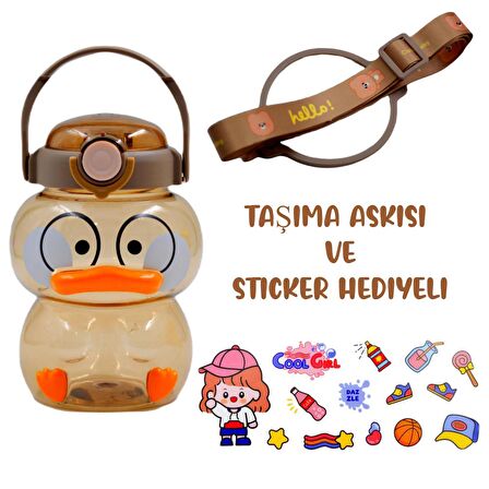 BottleBoss Pipetli Taşıma Askılı Sevimli Ördek Matara 1 Litre Sticker HEDİYELİ Kahverengi