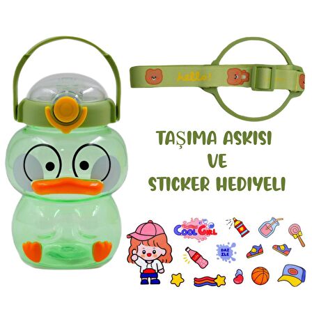 BottleBoss Pipetli Taşıma Askılı Sevimli Ördek Matara 1 Litre Sticker HEDİYELİ Yeşil