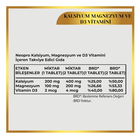 Neopro Kalsiyum, Magnezyum ve D3 Vitamini İçeren Takviye Edici Gıda - 60 Tablet