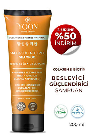 Sülfatsız ve Tuzsuz Şampuan, Kolajen Biotin B7 içerikli Parabensiz, Nemlendirici Vegan Şampuan 250ml