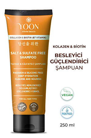 Sülfatsız ve Tuzsuz Şampuan, Kolajen Biotin B7 içerikli Parabensiz, Nemlendirici Vegan Şampuan 250ml