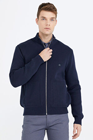Nakış Detaylı Cepli Erkek Triko Ceket  - Lacivert