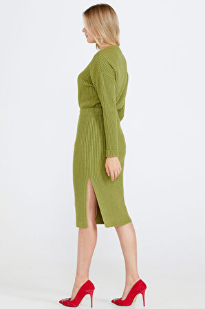 Lastik Örgülü Kadın Triko Etek  - Yeşil