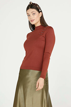 Omuz Aksesuarlı Triko Kazak  - Kiremit