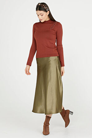 Omuz Aksesuarlı Triko Kazak  - Kiremit